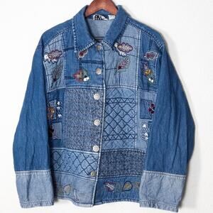 Keren Hart Embroidered Patchwork Denim Jacket Blue XL Cottagecore